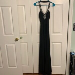 Black Halter Gown Rhinestone Embellished Evening Party Maxi Dress
